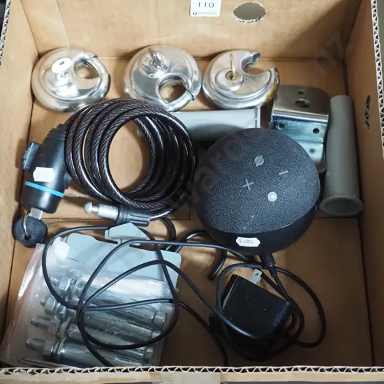 box; locks, Amazon smart speaker, dyna bolts etc