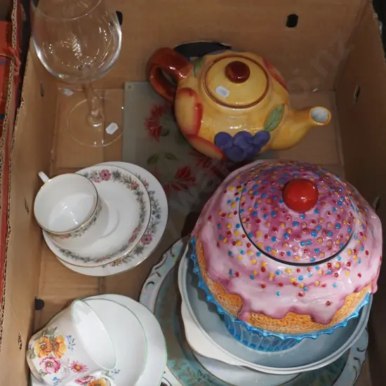 box; large cupcake themed biscuit barrel, teapot etc