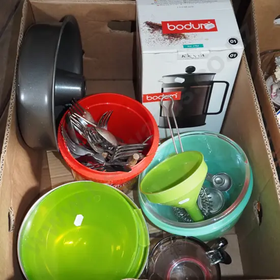 box; cake tin, cutlery, coffee plunger etc