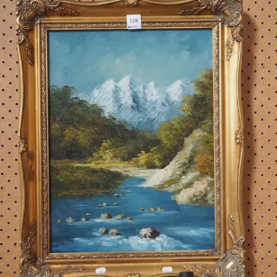 gilt framed oil - stream and mountain scene