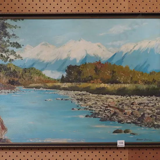 Kenneth Godfrey framed oil - river and mountain scene