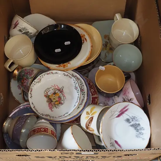 box; tea cups, saucers, plates etc