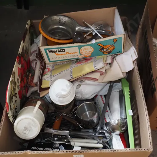 box; kitchenalia, table cloths etc