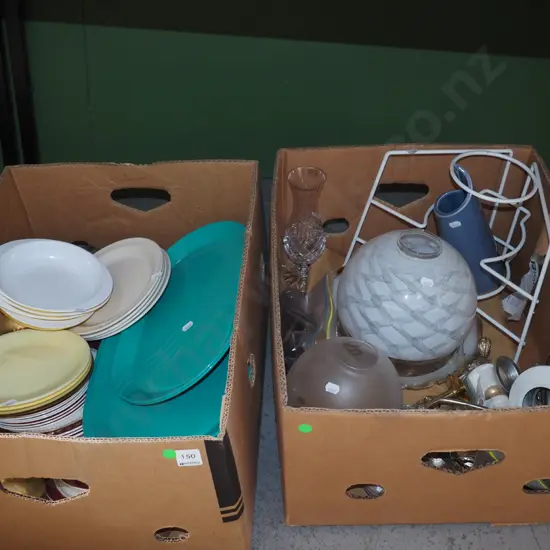 2x boxes; plastic plates, plates, light shades, glass items etc - green dots