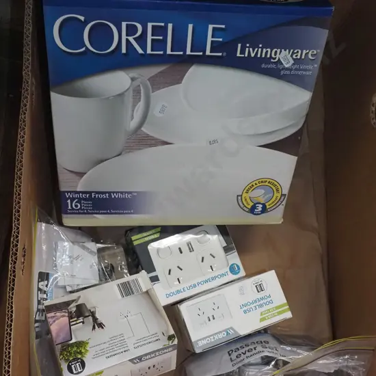 box; as-new 16 piece dinner set, double usb power points, door hardware