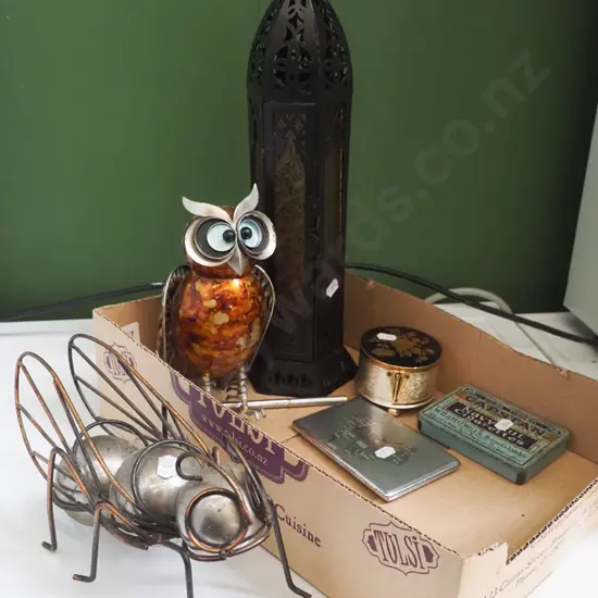 box; candle lantern, metal ornaments etc