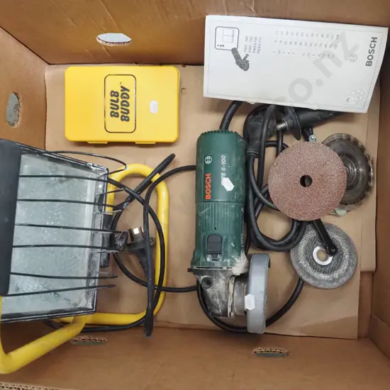 box; angle grinder, halogen lamp, box of halogen bulbs