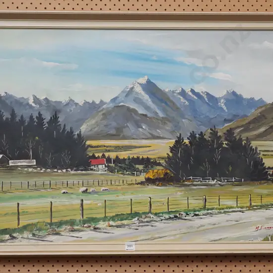 M Finnerty 1970 - framed oil - landscape and mountain scene