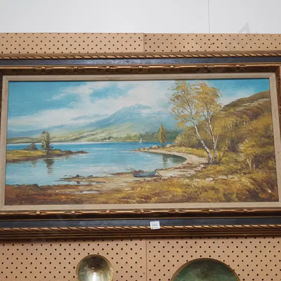 framed oil - lake and mountain scene