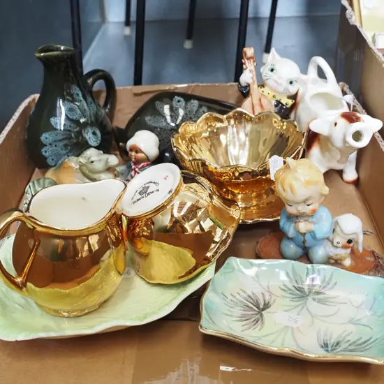 box; figurines, cow creamer, Royal Winton lotus bowl etc
