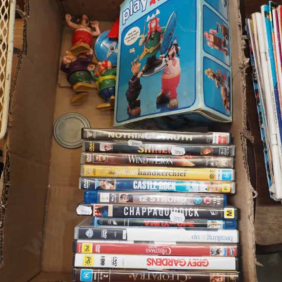 box; DVDs, Asterix figurines