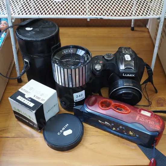 Lumix digital camera, Polaroid I-Zone camera, Cabin projector lens, set of extension tubes