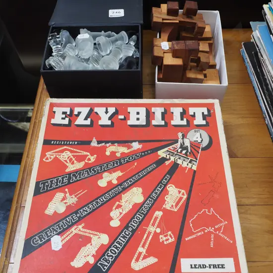 box; Eazy Bilt construction set, wooden puzzle, glass chess pieces