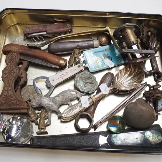 tin; cutlery, bull clips, pocket knives etc