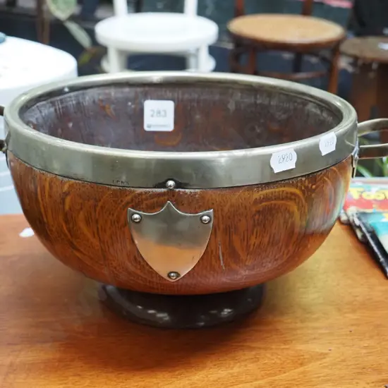 oak double handled bowl with plated trim