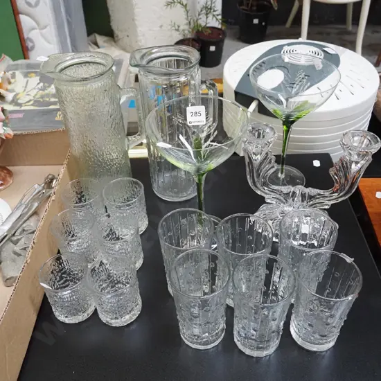 2x water sets, glass comports, glass candelabra