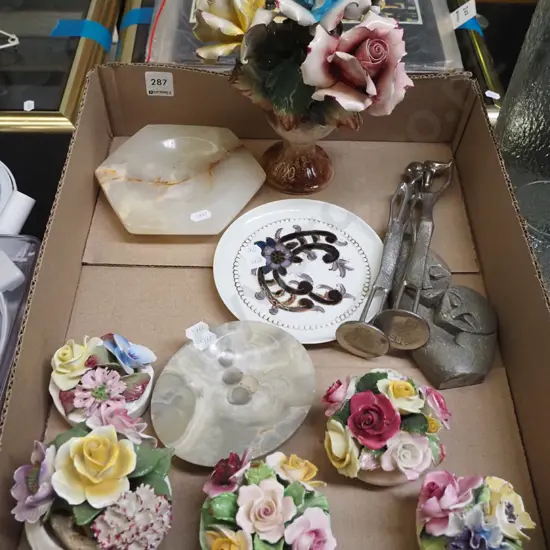 box; ceramic floral sprays, dishes etc