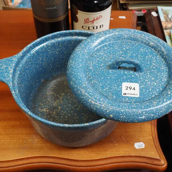 blue speckled cast iron lidded casserole