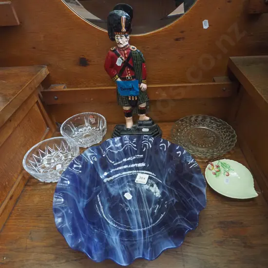 3x glass bowls, leaf pin dish, damaged cast iron Scottish guard door stop