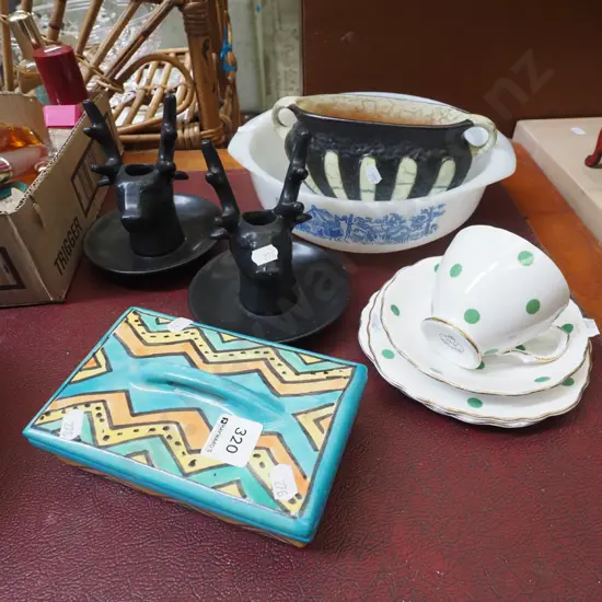 deer themed candlesticks, retro pyrex baking dish, trio etc