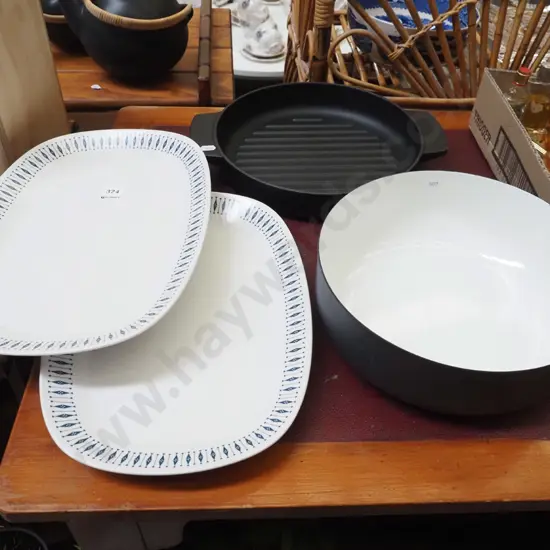 cast iron and enaeml Kitchen Aid baking dish, metal fruit bowl, 2x ashets