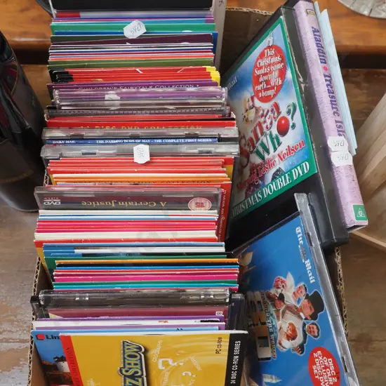 box of DVDs, CDs
