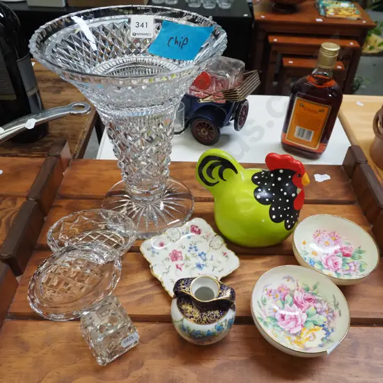 large crystal bowl- chip, happy hens, floral dishes etc
