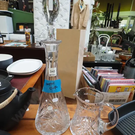 tall cut crystal decanter H-430- stopper has chips, small water jug