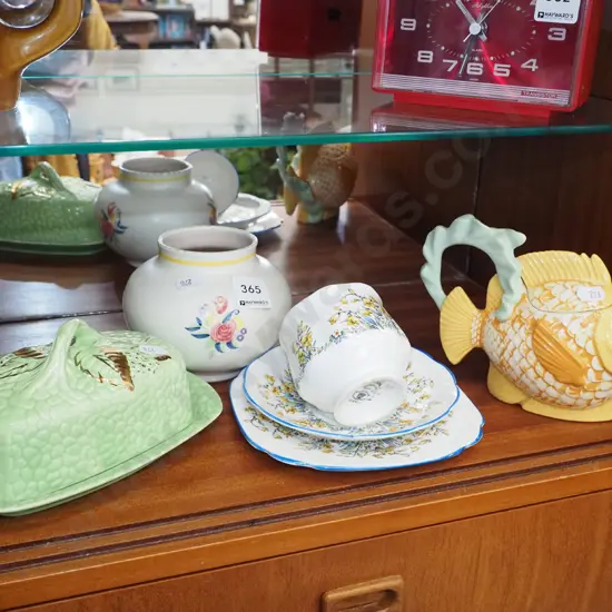 Poole vase, trio, fish teapot etc