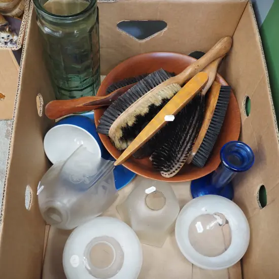 box; light fittings, clothes brushes, jug etc