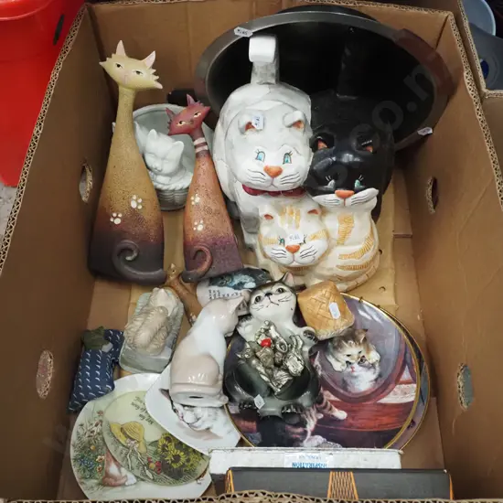 box; cat figurines, plates, stainless steel bowl etc