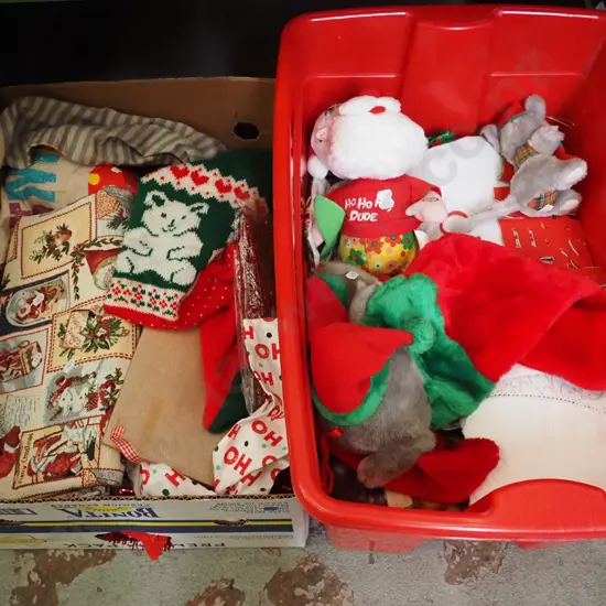 2x boxes of Xmas themed material, jerseys, decorations etc