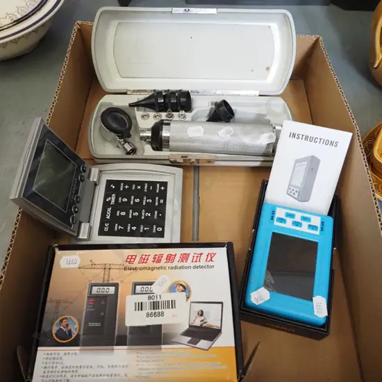 box; electro-magnetic radiation detectors, calculator, ophthalmoscope