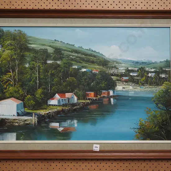 framed oil on board - boat houses