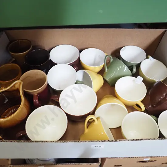 box of Crown Lynn tea cups,  cans, jug