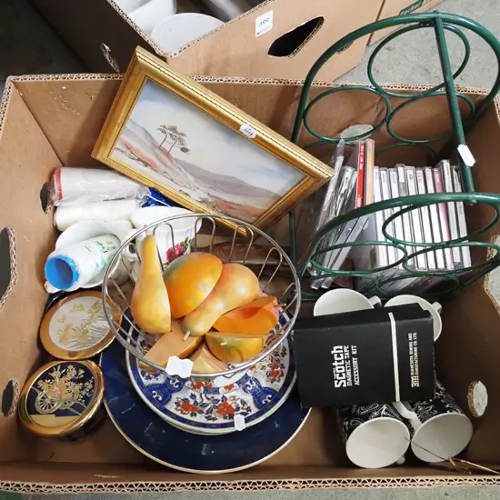 box; DVDs, wire basket, coffee cups etc