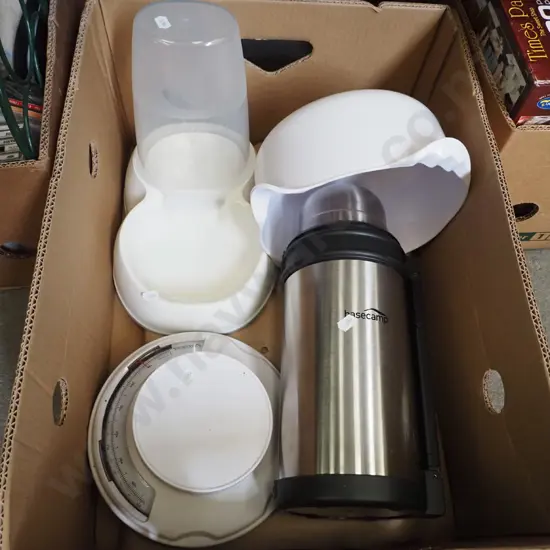 box; scales, mixing bowls, thermos etc