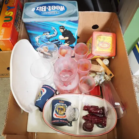 box; figurines, water set, shelf plate etc