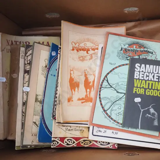 box; back issues of New Zealand mushroom magazines, Kite Runner novel etc