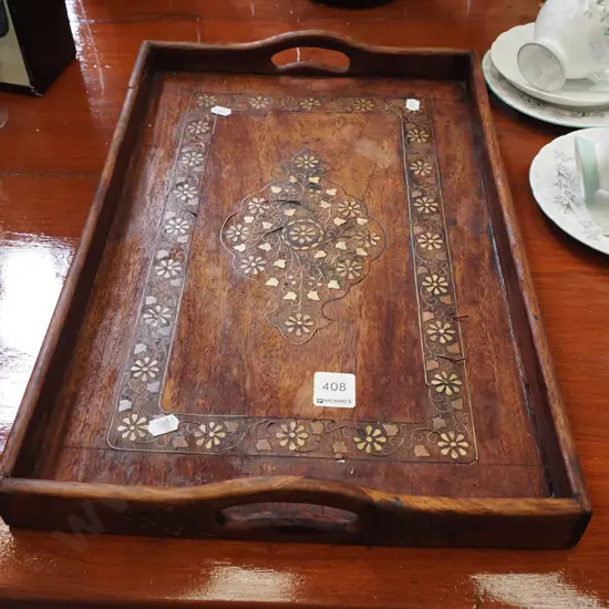 Middle Eastern tray with brass inlay