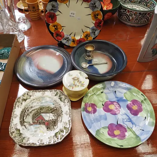 hand painted floral plates, pottery bowl, plated egg cup etc