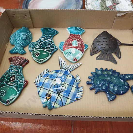 box; ceramic fish, sea horse, metal fish coat hook