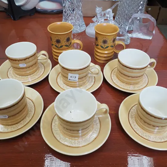 Crown Lynn cups, saucers, 2x sunflower coffee mugs