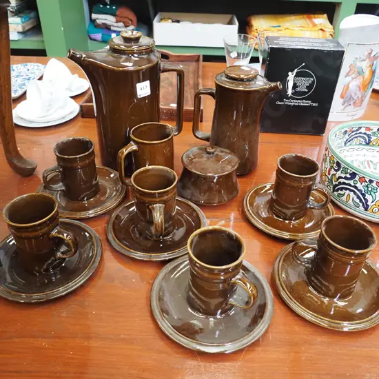 Temuka pottery stoneware coffee set, 2 jugs, creamer, 6 cups and saucers