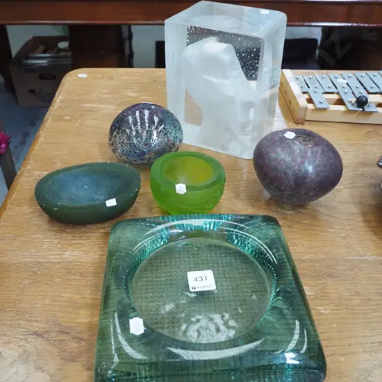 solid resin sculpture, studio glass bowls, ashtray etc