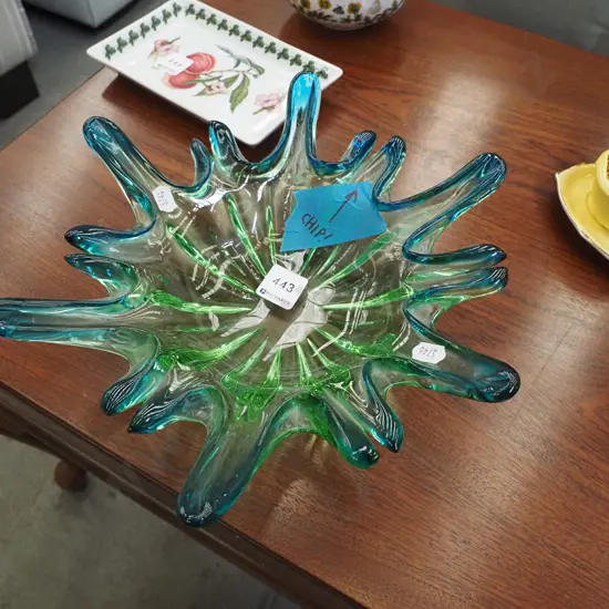 blue and green art glass ashtray - has a chip