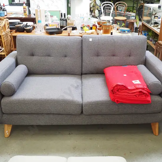 modern grey upholstered 2 seater settee with 2 deep buttoned cushions - excellent condition 
