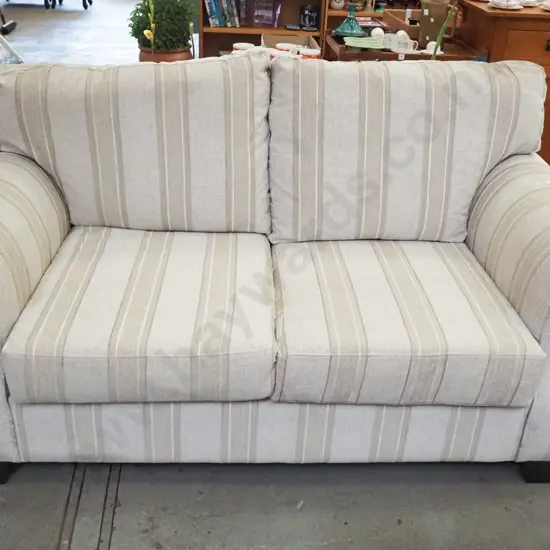 taupe upholstered rolled arm 2 seater settee - slight marking to one side of cushions