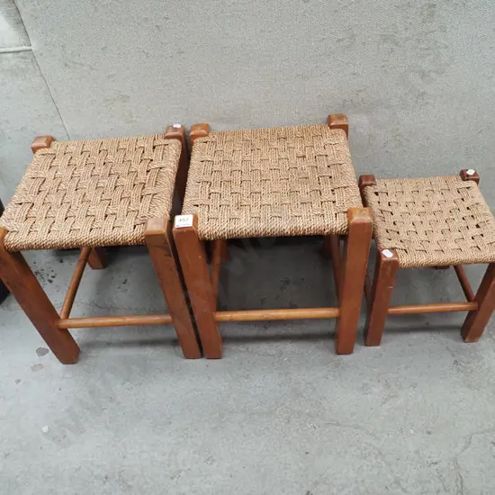 3x wood and seagrass stools