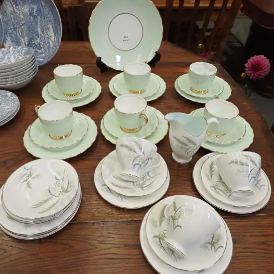 Kent bone china trios, cake plate, Royal Albert cups, saucers, plates, jug